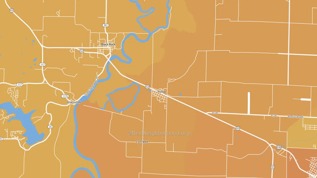 Map of the best neighborhoods in the Portia area, with better matches in green and worse matches in red