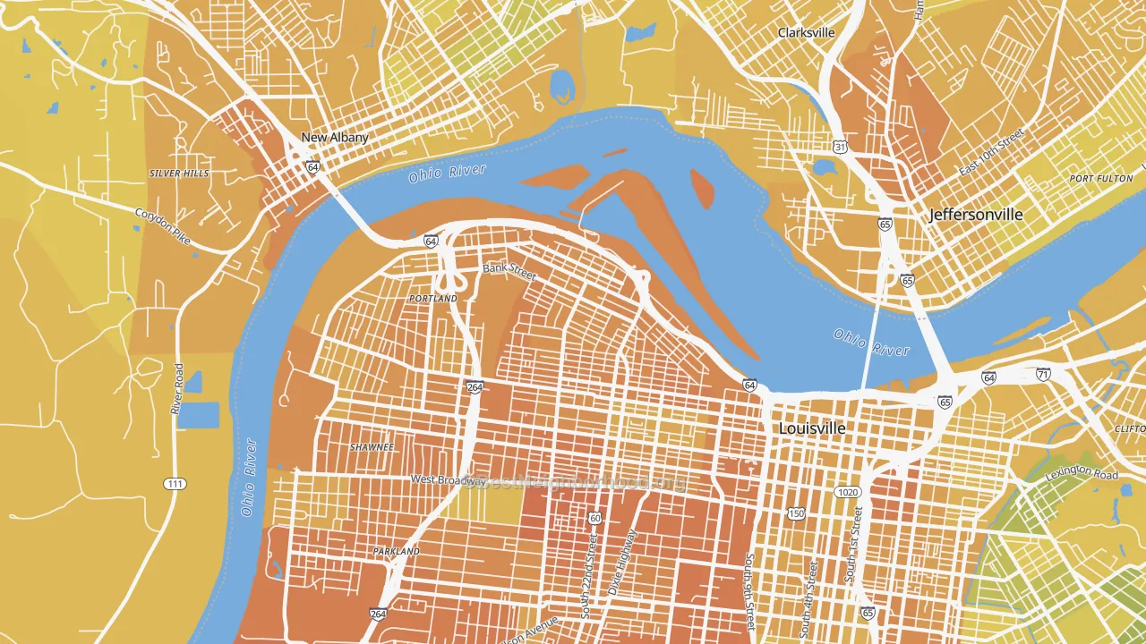 Map of the best neighborhoods in the Portland, Louisville area, with better matches in green and worse matches in red