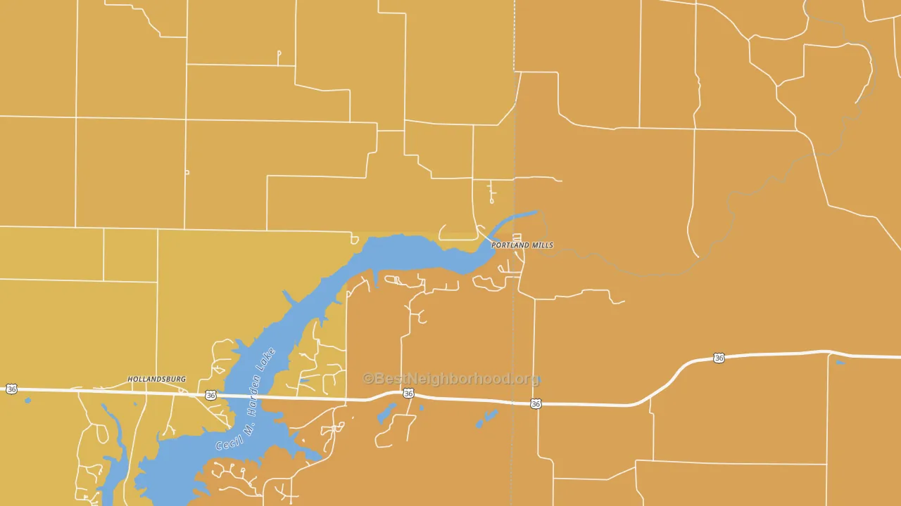 Map of the best neighborhoods in the Portland Mills area, with better matches in green and worse matches in red