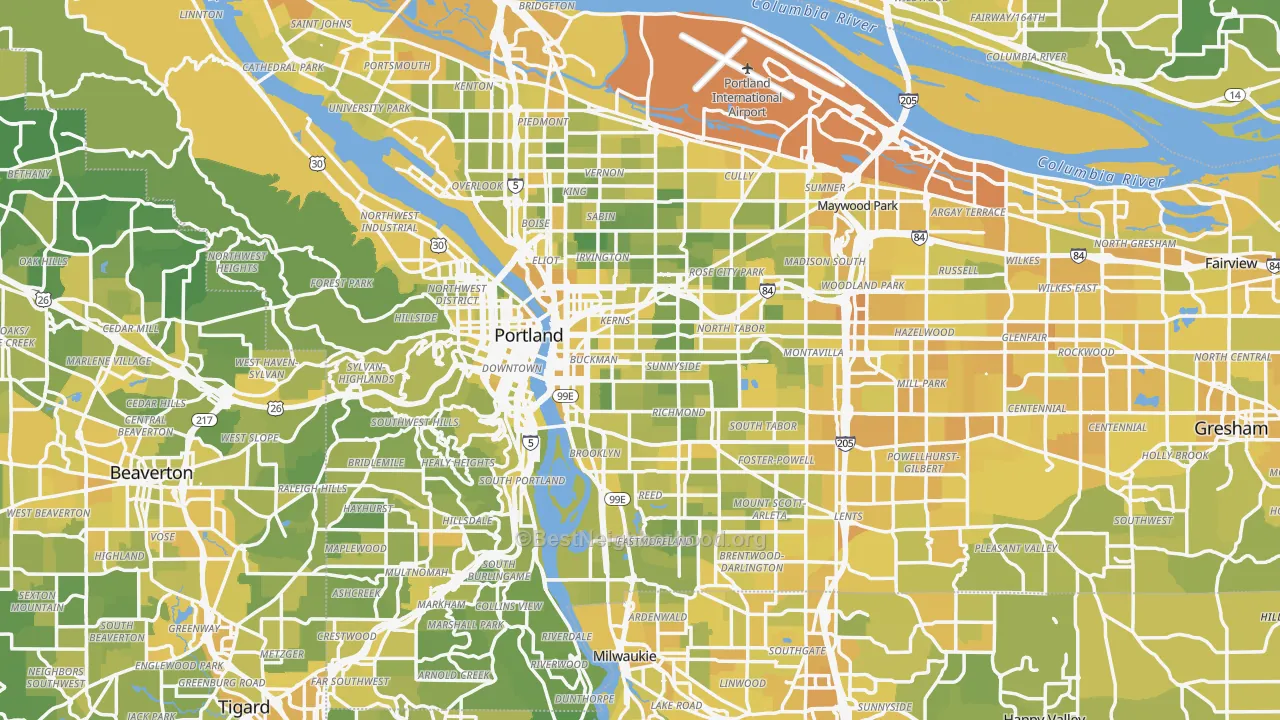 Map of the best neighborhoods in the Portland Metro area, with better matches in green and worse matches in red
