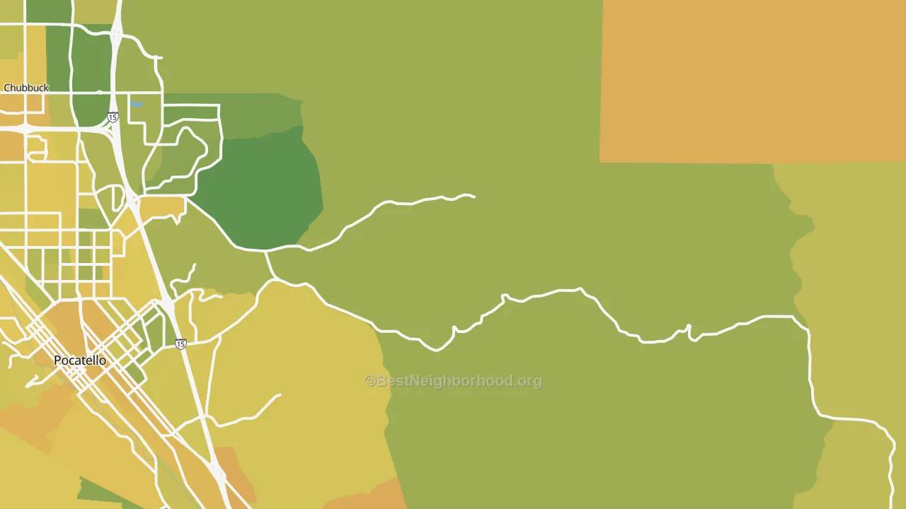 Map of the best neighborhoods in the Portneuf area, with better matches in green and worse matches in red
