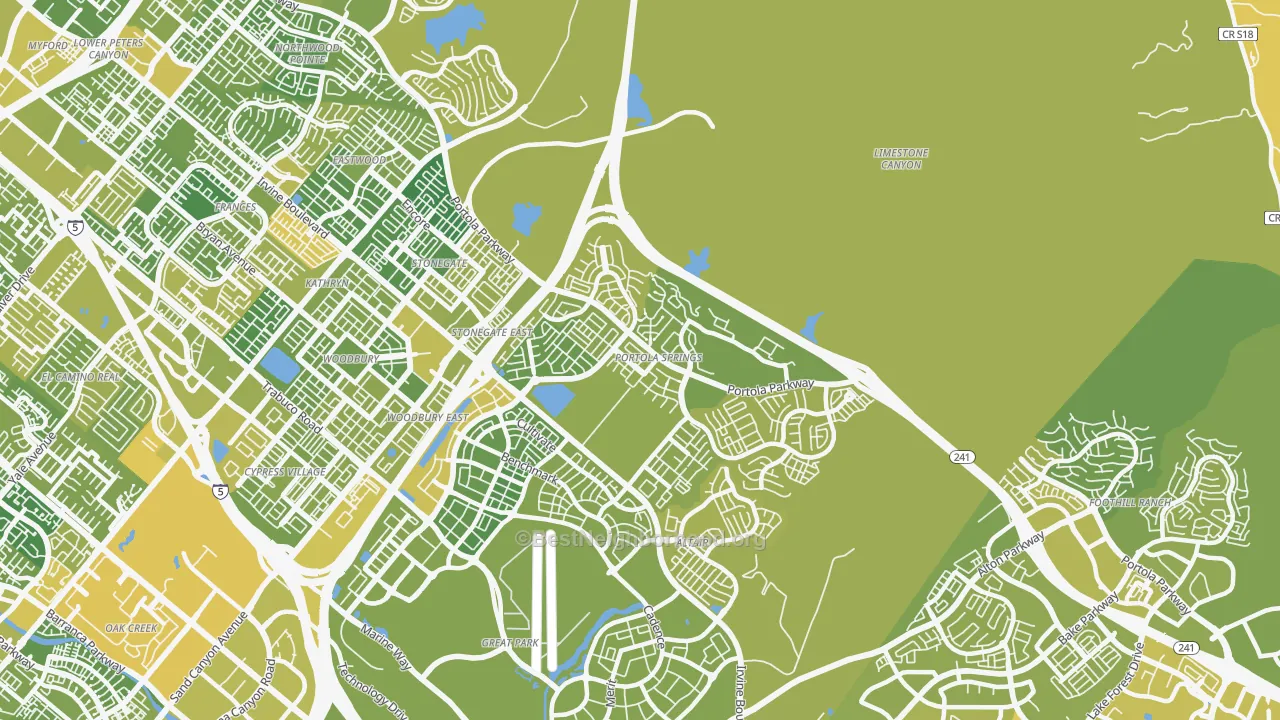 Map of the best neighborhoods in the Portola Springs, Irvine area, with better matches in green and worse matches in red