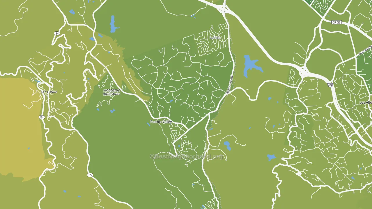 Map of the best neighborhoods in the Portola Valley area, with better matches in green and worse matches in red