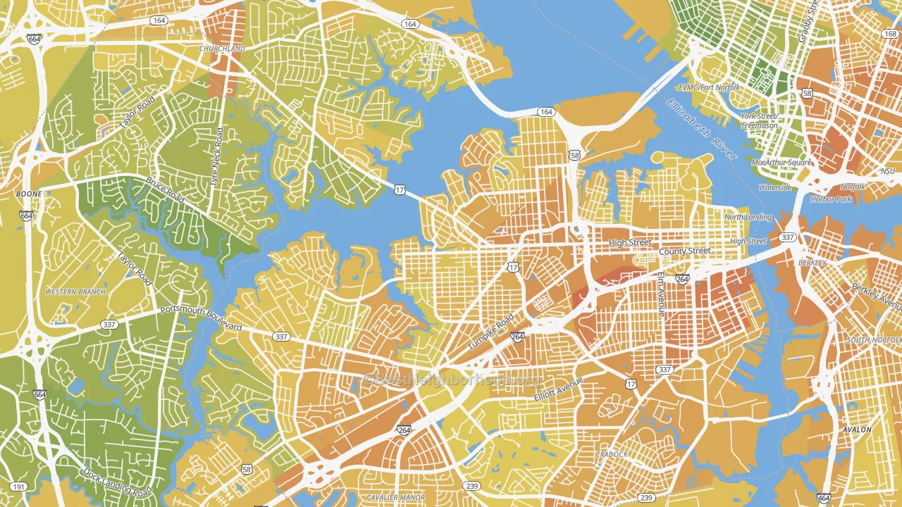Map of the best neighborhoods in the Portsmouth City area, with better matches in green and worse matches in red