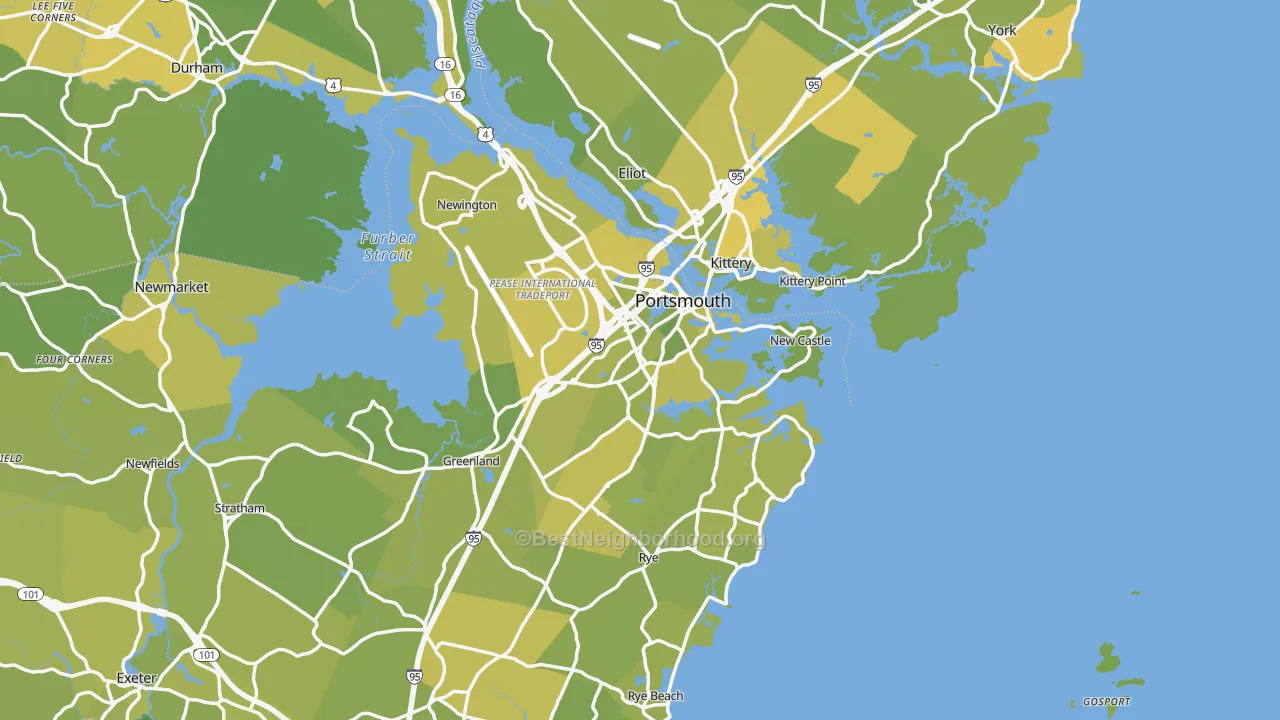 Map of the best neighborhoods in the Portsmouth area, with better matches in green and worse matches in red