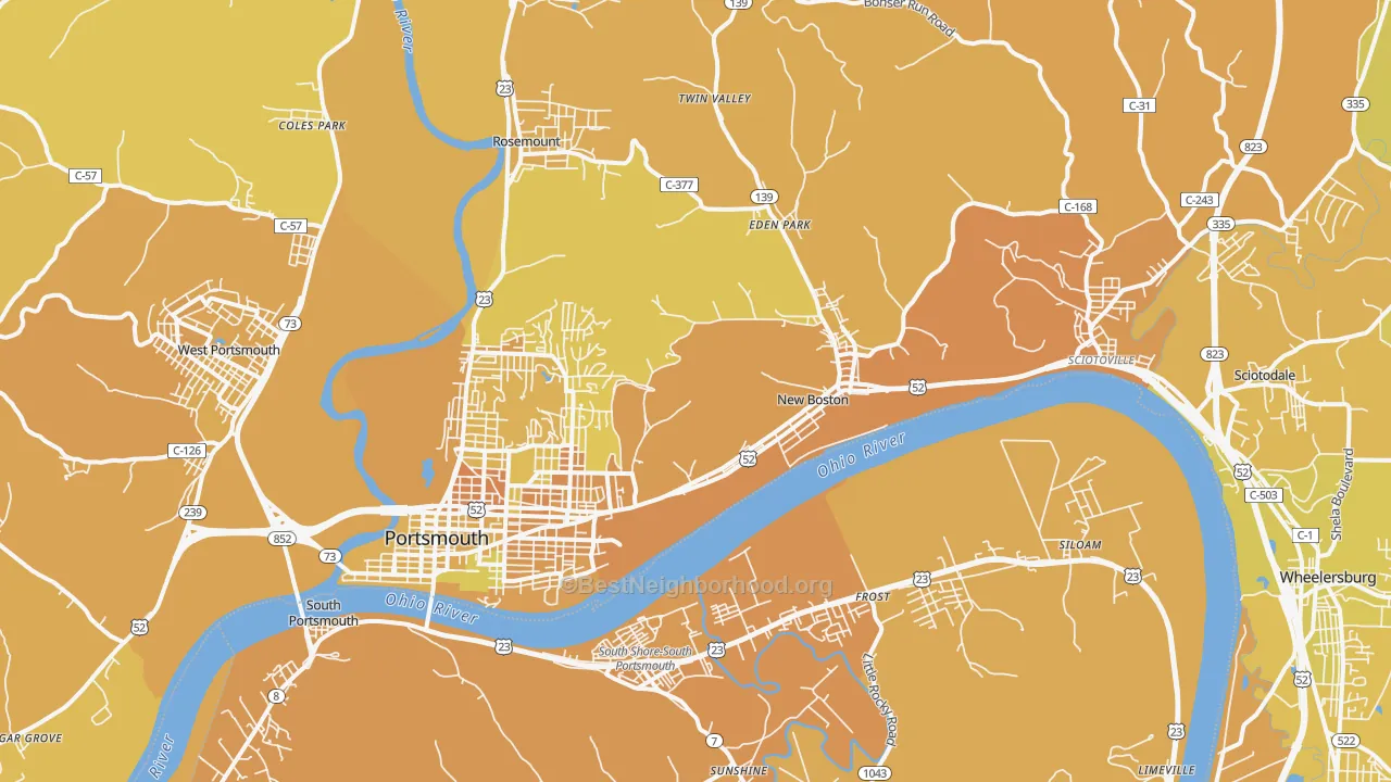 Map of the best neighborhoods in the Portsmouth area, with better matches in green and worse matches in red