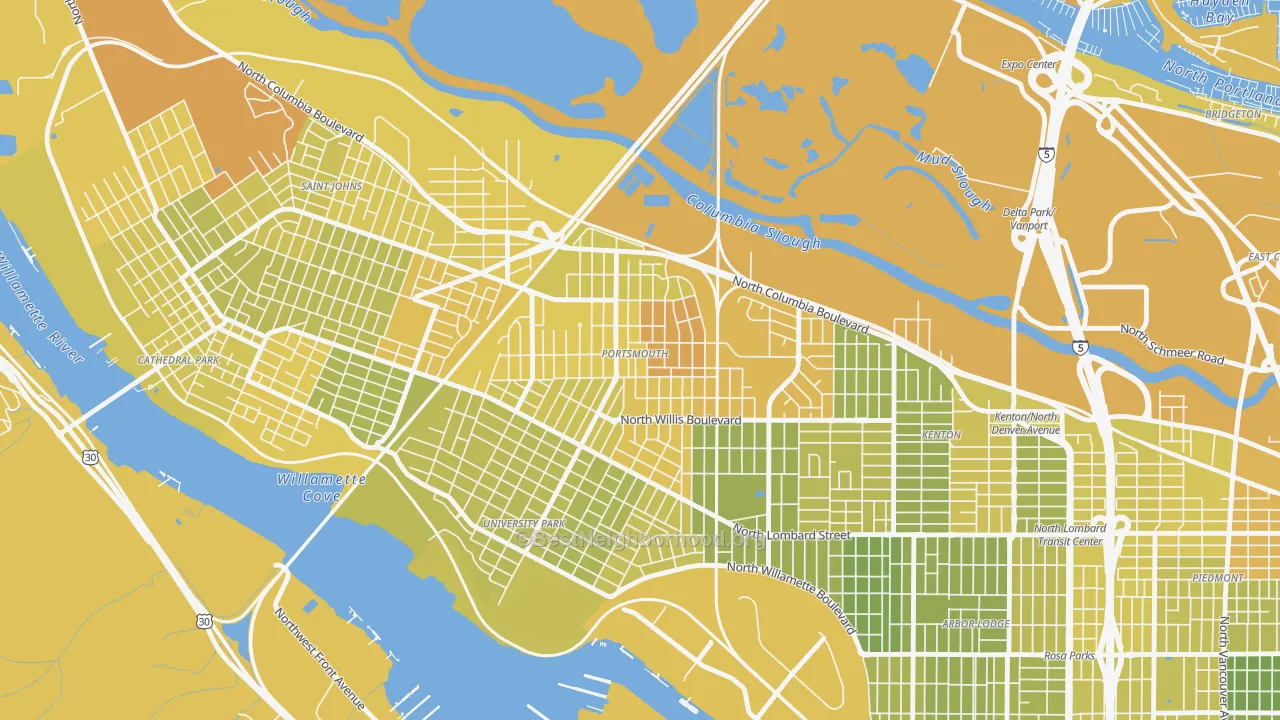 Map of the best neighborhoods in the Portsmouth, Portland area, with better matches in green and worse matches in red