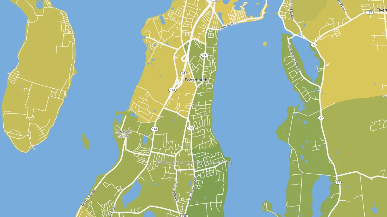 Map of the best neighborhoods in the Portsmouth area, with better matches in green and worse matches in red
