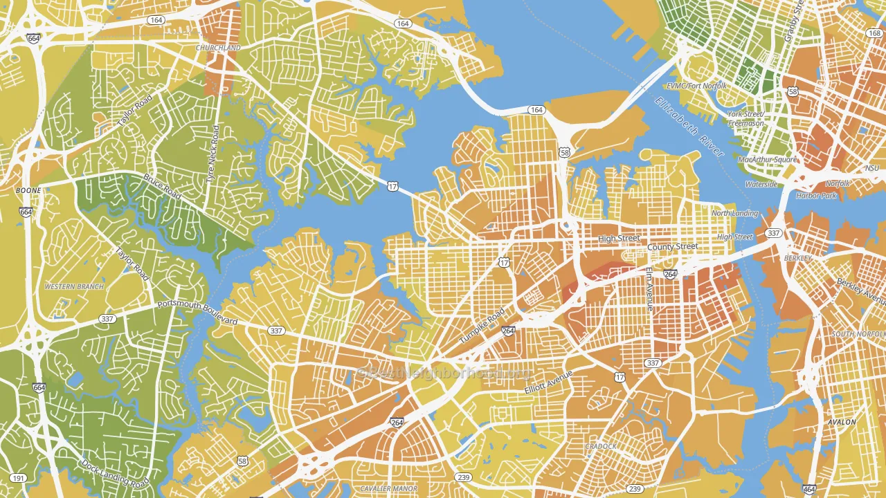 Map of the best neighborhoods in the Portsmouth area, with better matches in green and worse matches in red