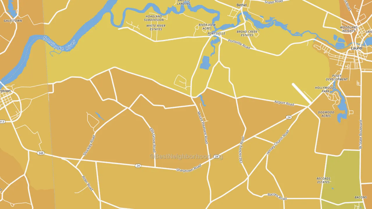 Map of the best neighborhoods in the Portsville area, with better matches in green and worse matches in red