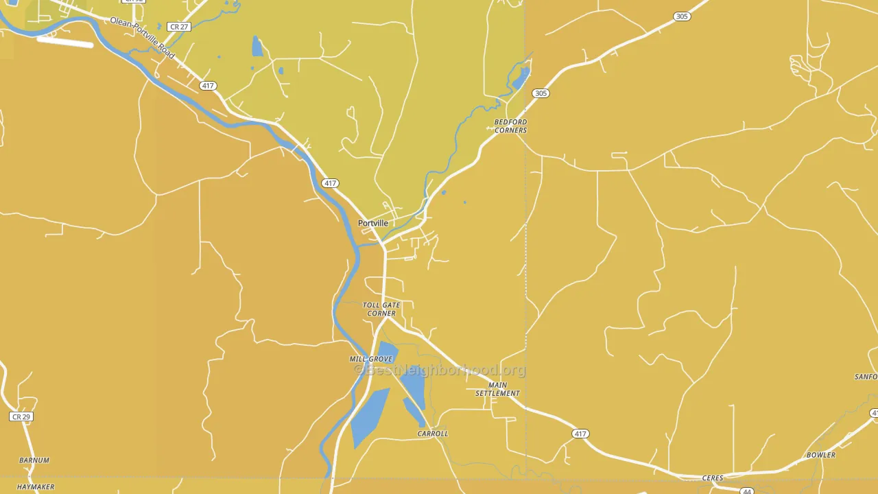 Map of the best neighborhoods in the Portville area, with better matches in green and worse matches in red