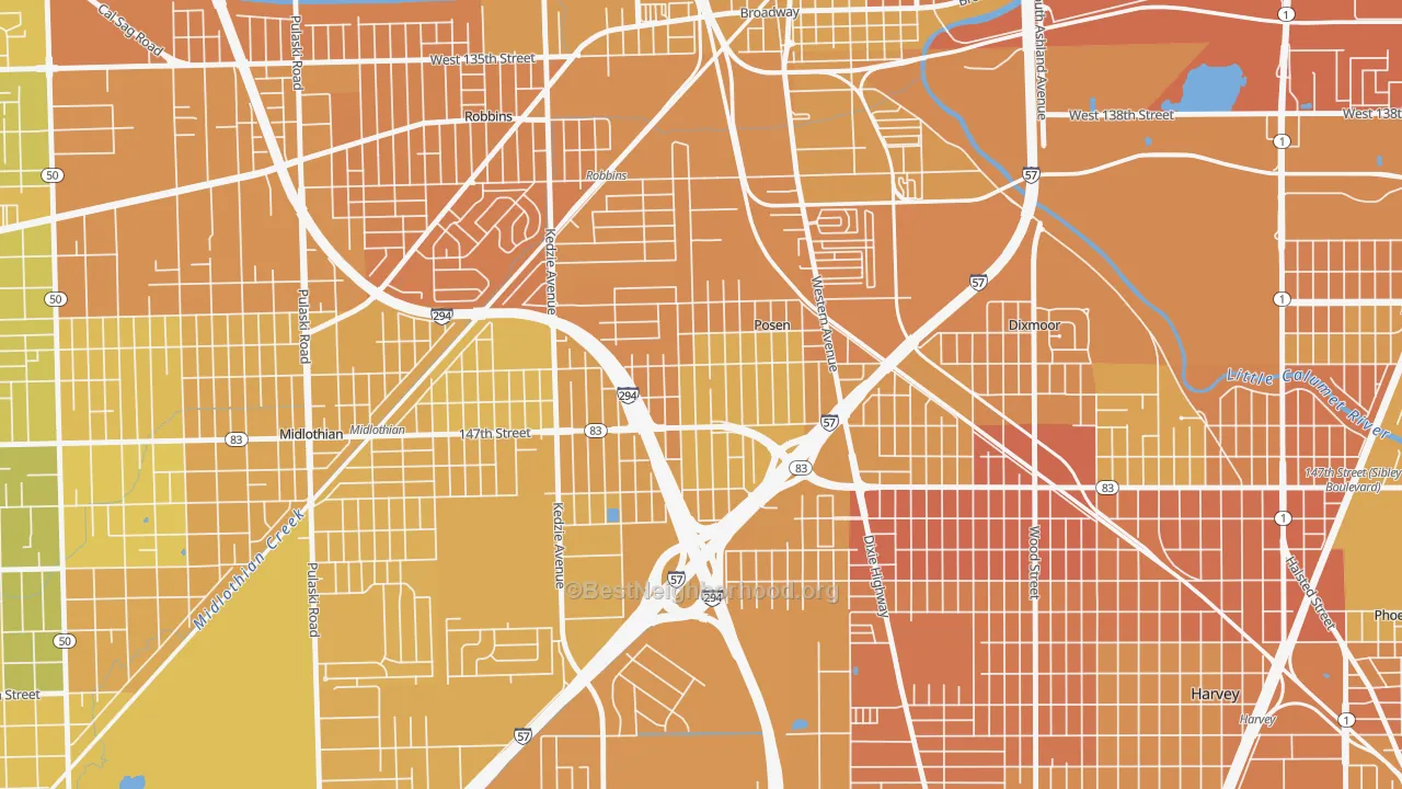 Map of the best neighborhoods in the Posen area, with better matches in green and worse matches in red