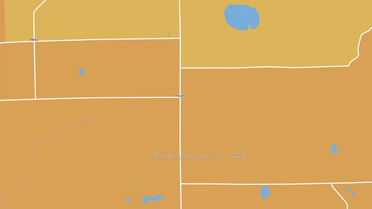 Map of the best neighborhoods in the Posen area, with better matches in green and worse matches in red