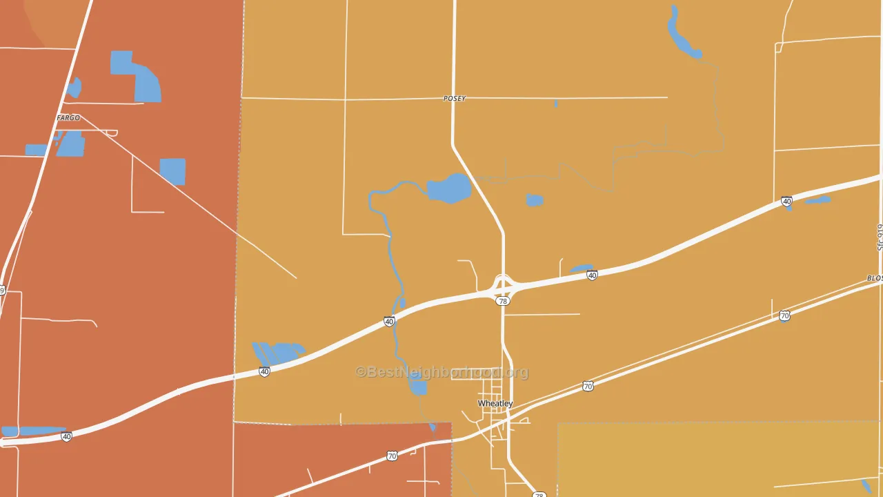Map of the best neighborhoods in the Posey area, with better matches in green and worse matches in red