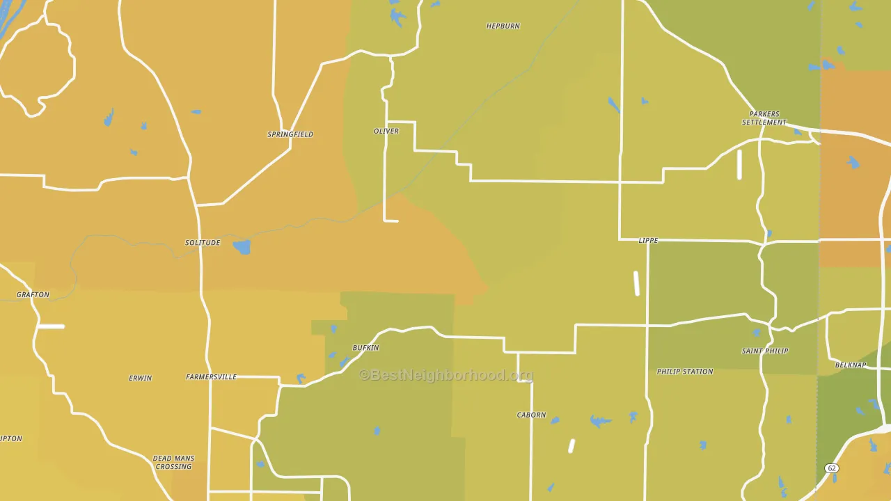 Map of the best neighborhoods in the Posey County area, with better matches in green and worse matches in red