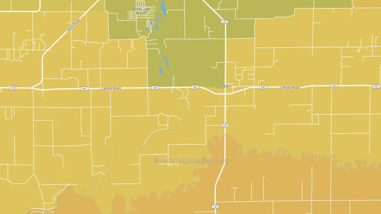 Map of the best neighborhoods in the Posey area, with better matches in green and worse matches in red