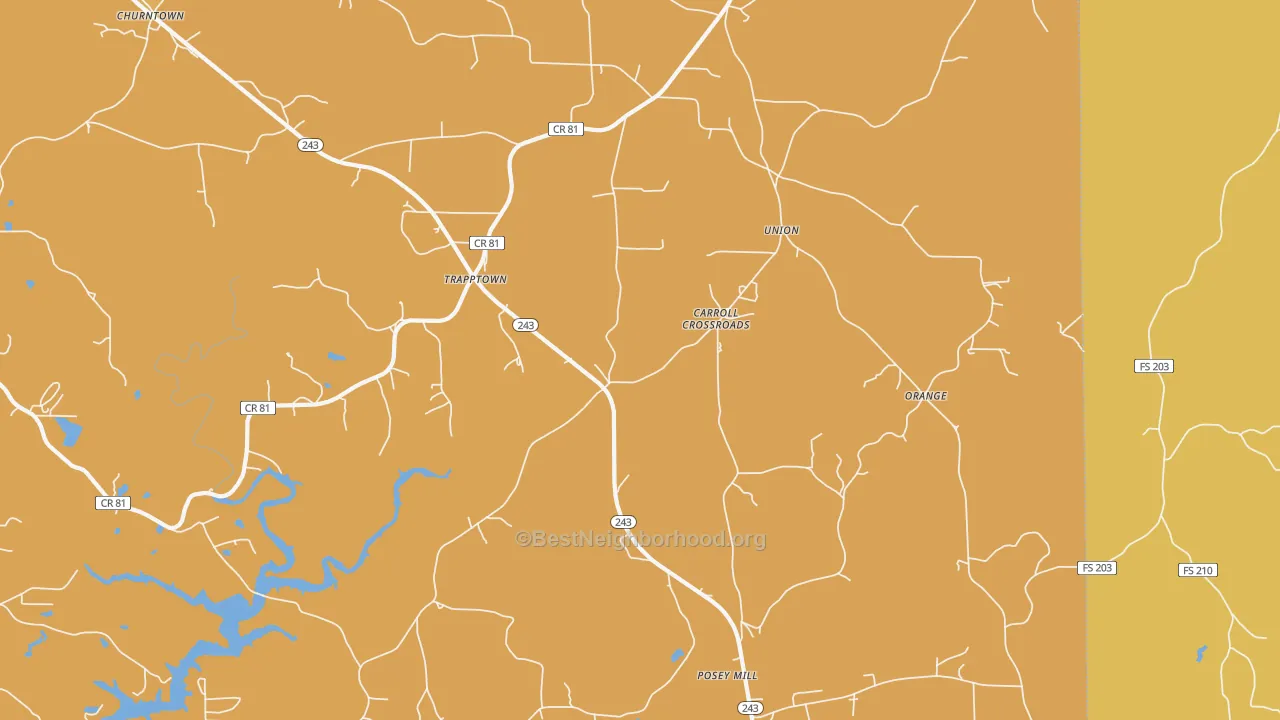 Map of the best neighborhoods in the Posey Mill area, with better matches in green and worse matches in red