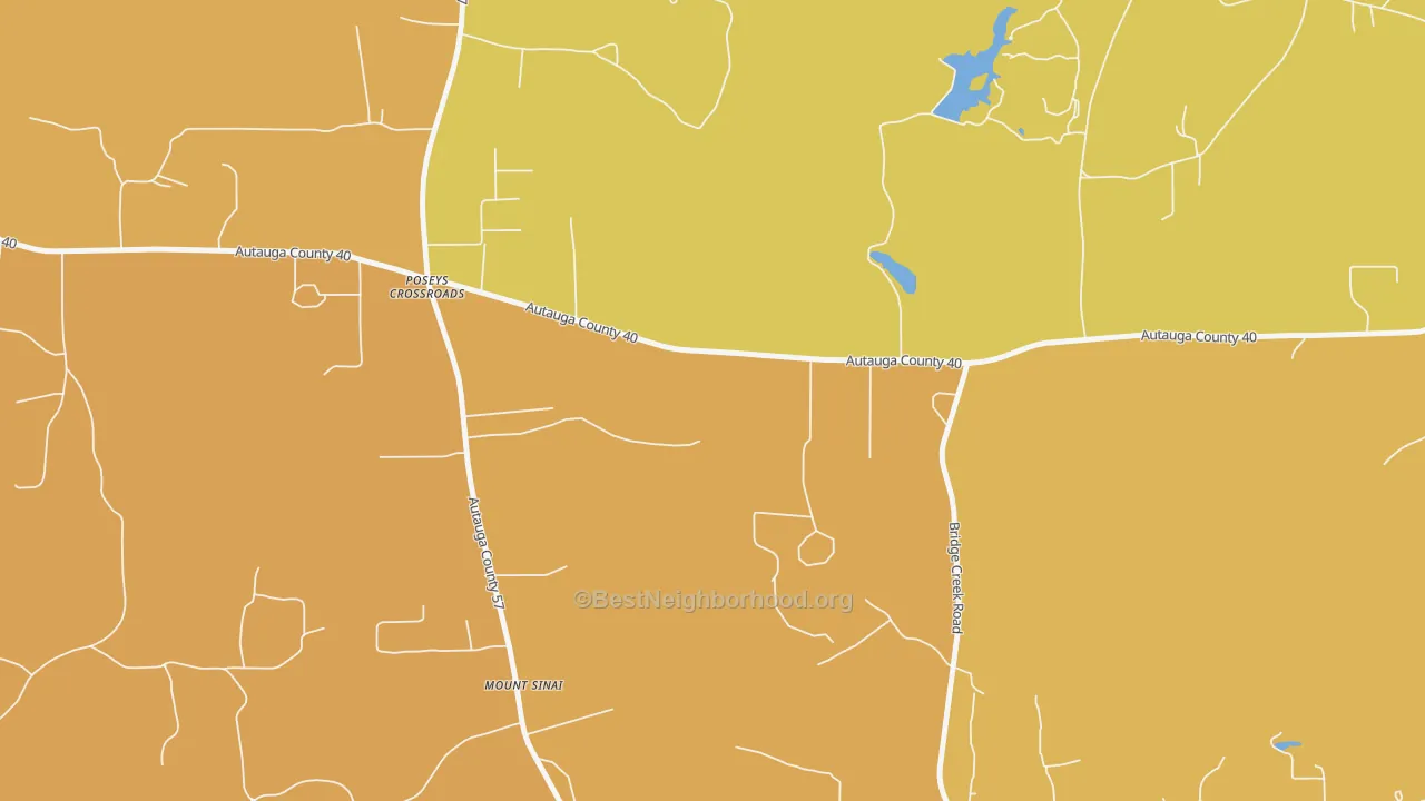 Map of the best neighborhoods in the Poseys Crossroads area, with better matches in green and worse matches in red