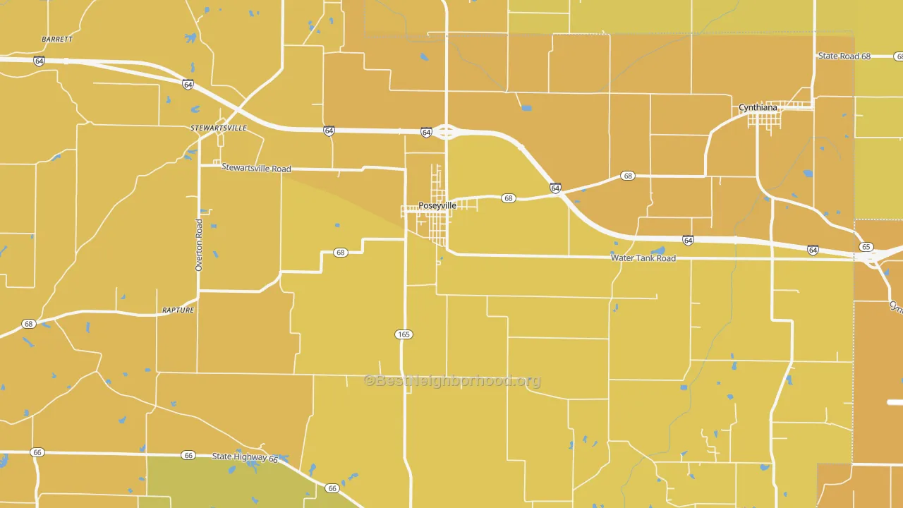 Map of the best neighborhoods in the Poseyville area, with better matches in green and worse matches in red