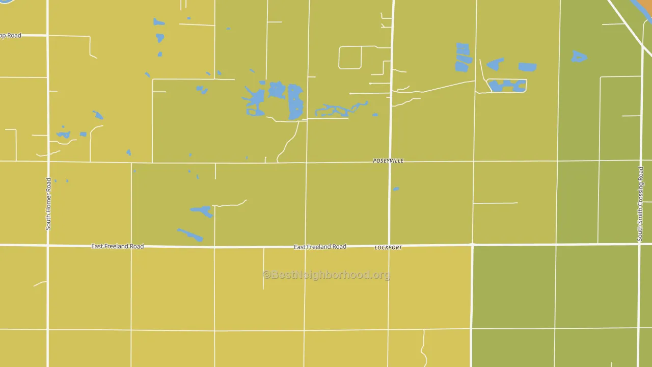Map of the best neighborhoods in the Poseyville area, with better matches in green and worse matches in red