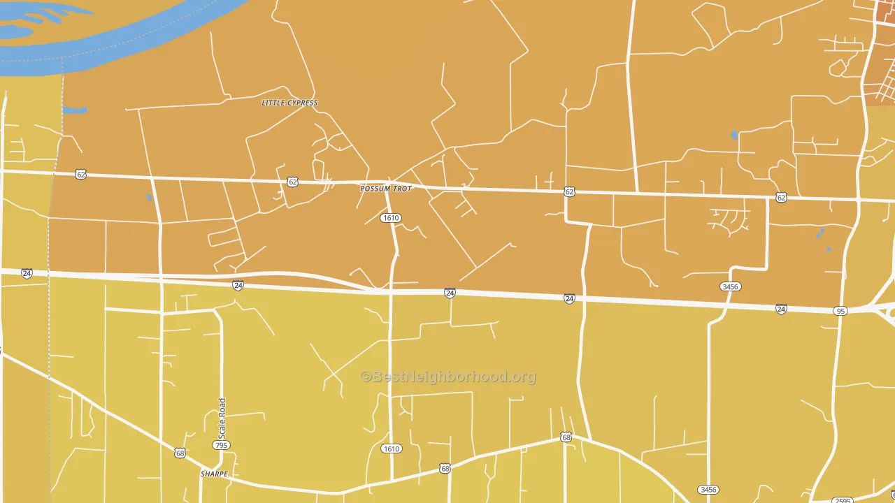 Map of the best neighborhoods in the Possum Trot area, with better matches in green and worse matches in red