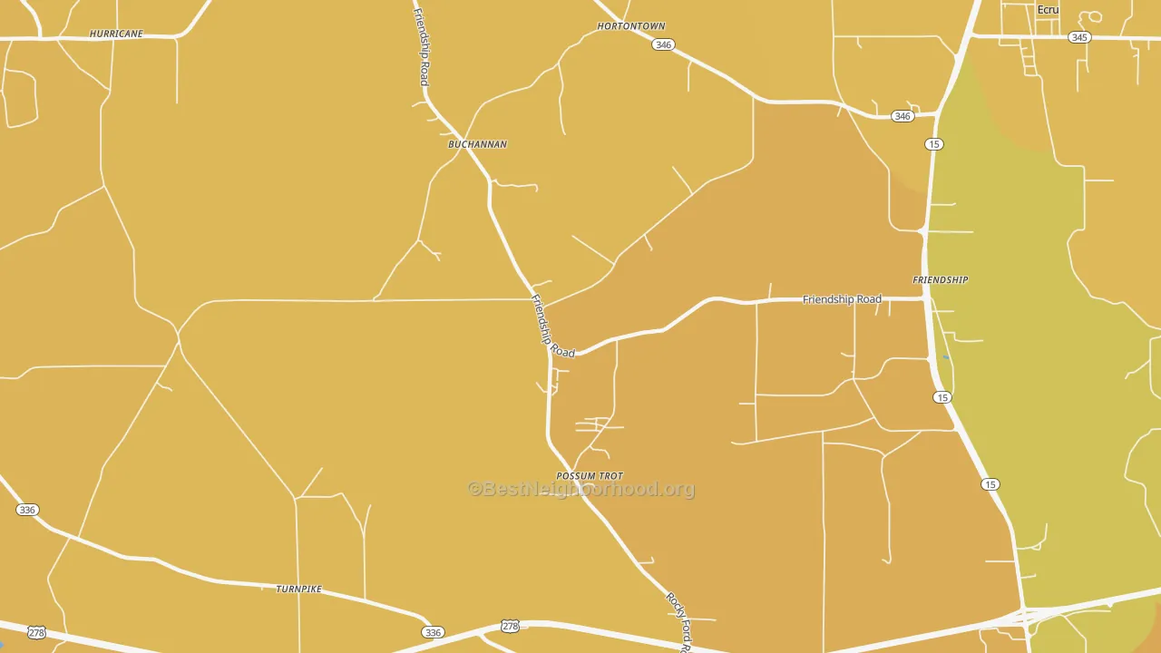 Map of the best neighborhoods in the Possum Trot area, with better matches in green and worse matches in red