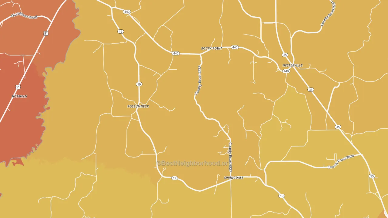 Map of the best neighborhoods in the Possumneck area, with better matches in green and worse matches in red