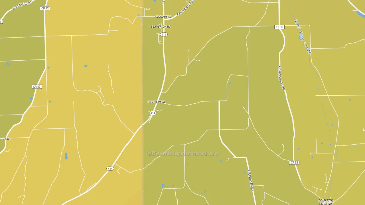 Map of the best neighborhoods in the Post Creek area, with better matches in green and worse matches in red