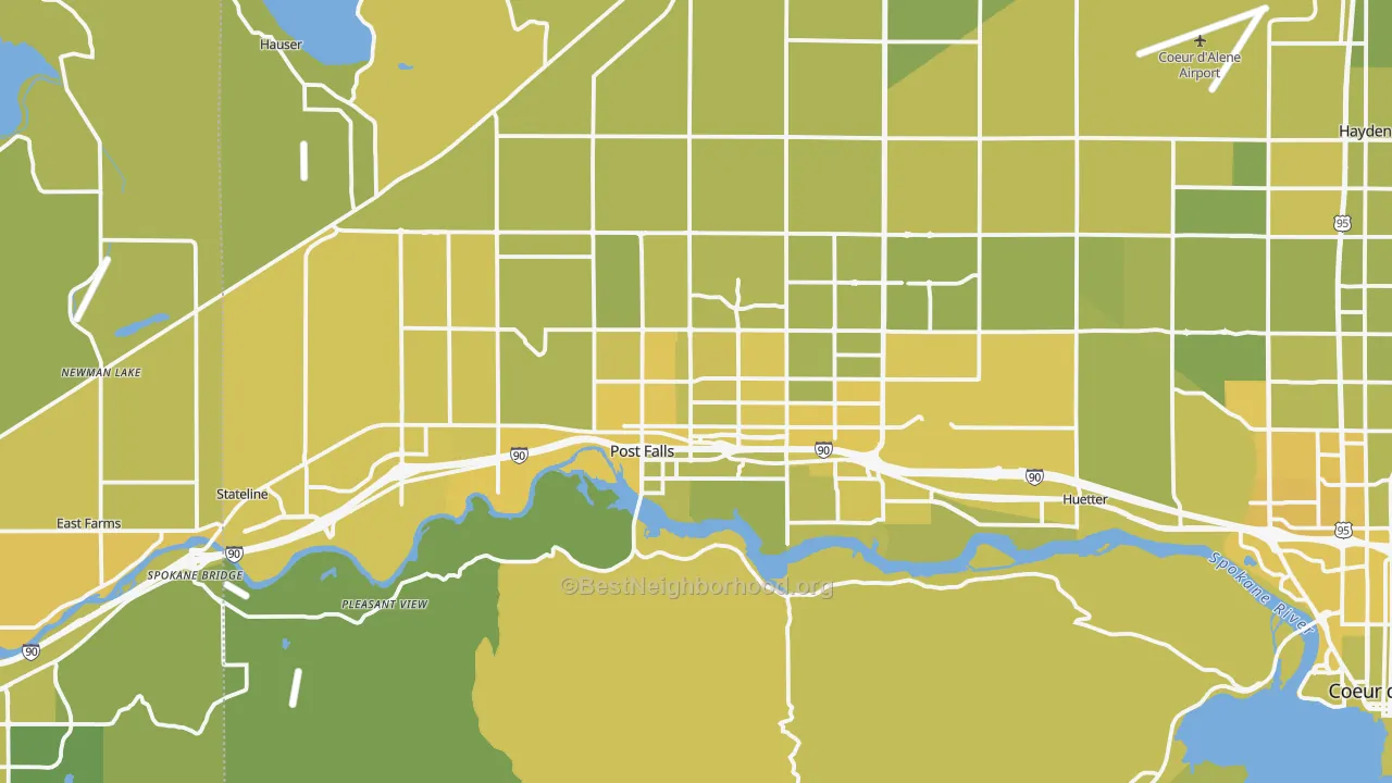Map of the best neighborhoods in the Post Falls area, with better matches in green and worse matches in red
