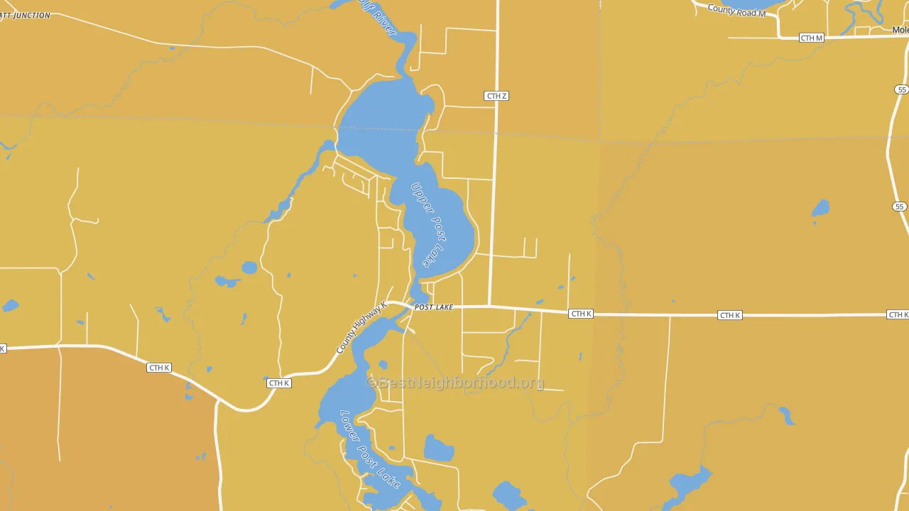 Map of the best neighborhoods in the Post Lake area, with better matches in green and worse matches in red