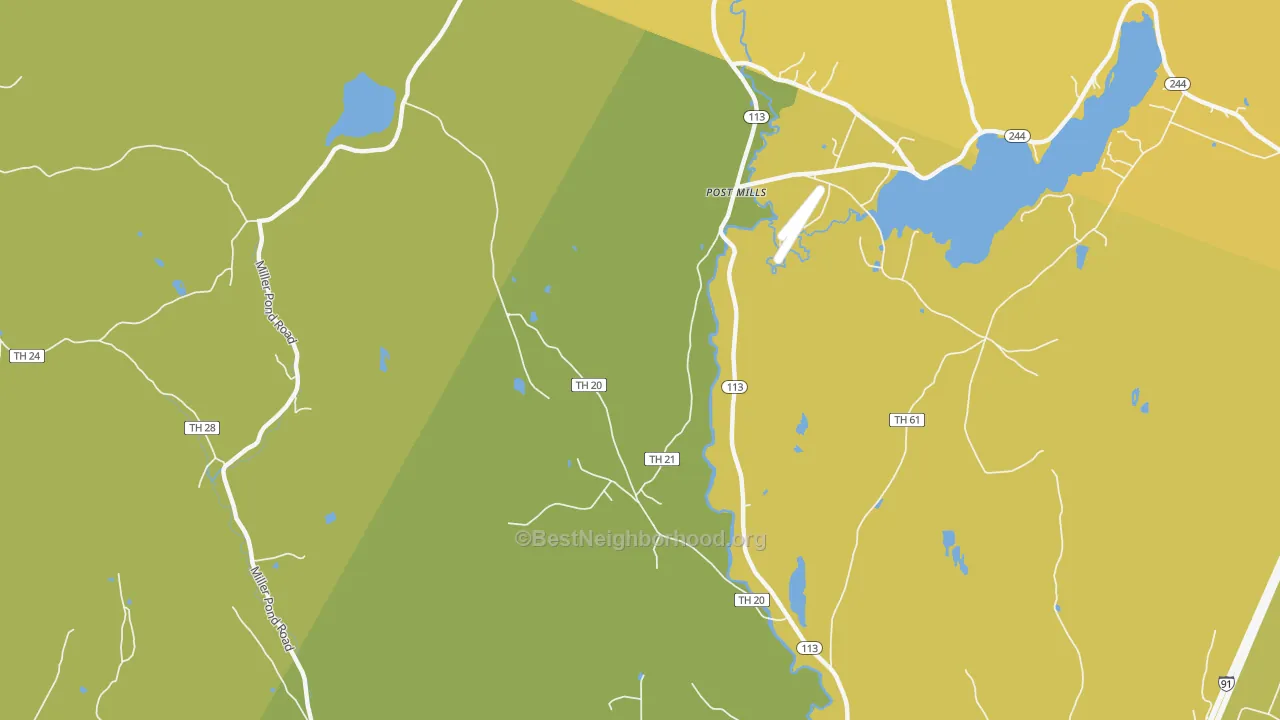 Map of the best neighborhoods in the Post Mills area, with better matches in green and worse matches in red