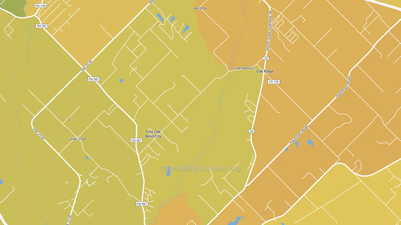 Map of the best neighborhoods in the Post Oak Bend City area, with better matches in green and worse matches in red
