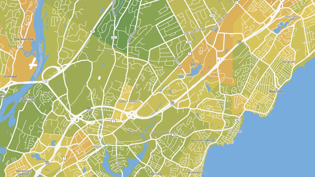 Map of the best neighborhoods in the Post Road North, Milford area, with better matches in green and worse matches in red
