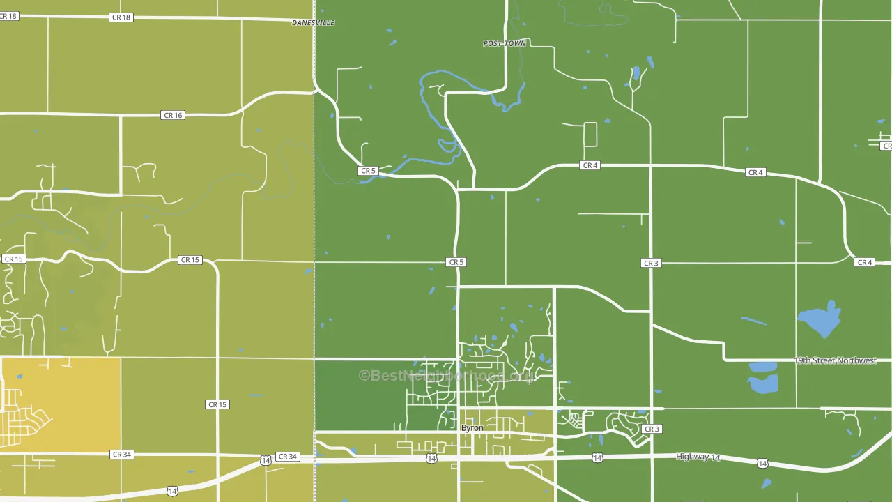 Map of the best neighborhoods in the Post Town area, with better matches in green and worse matches in red