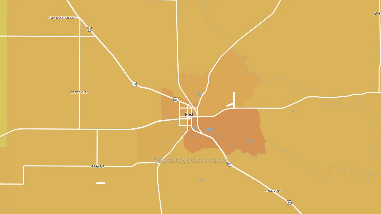 Map of the best neighborhoods in the Post area, with better matches in green and worse matches in red
