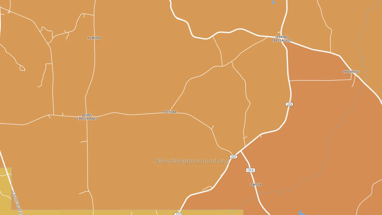 Map of the best neighborhoods in the Postoak area, with better matches in green and worse matches in red
