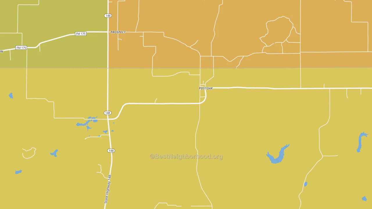 Map of the best neighborhoods in the Postoak area, with better matches in green and worse matches in red