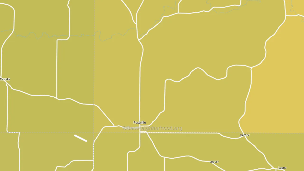 Map of the best neighborhoods in the Postville area, with better matches in green and worse matches in red