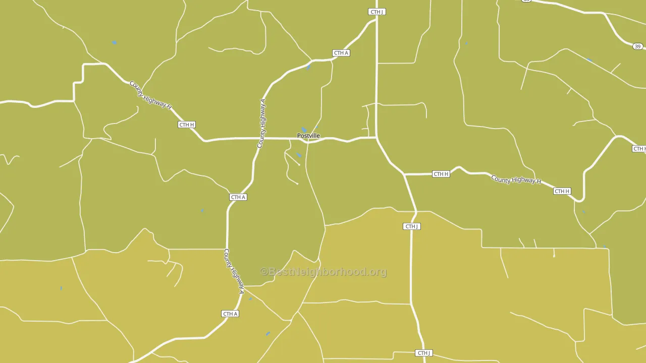 Map of the best neighborhoods in the Postville area, with better matches in green and worse matches in red