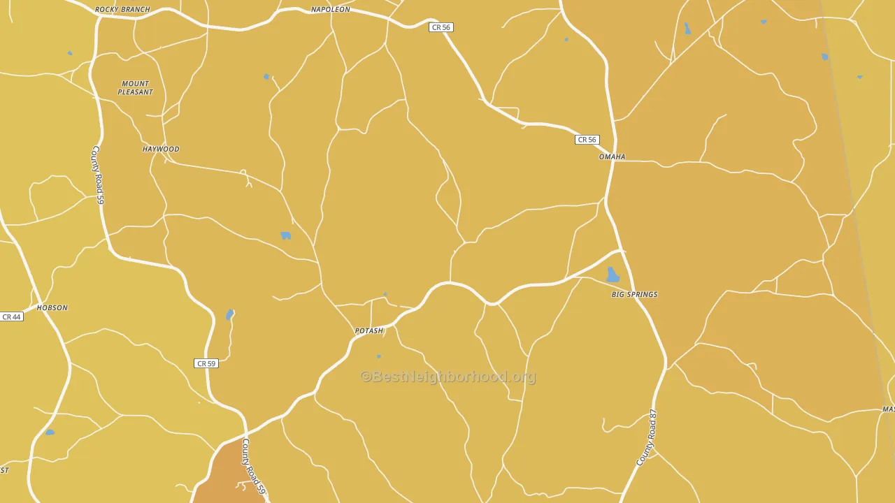 Map of the best neighborhoods in the Potash area, with better matches in green and worse matches in red