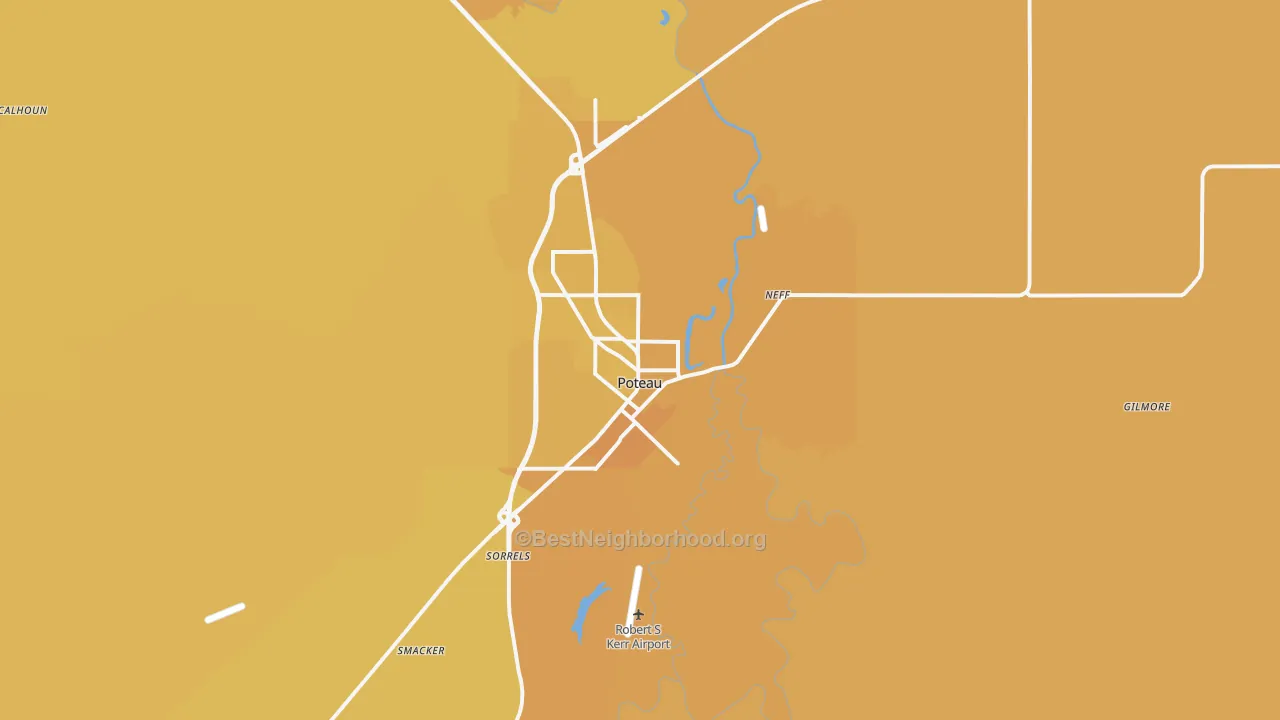 Map of the best neighborhoods in the Poteau area, with better matches in green and worse matches in red
