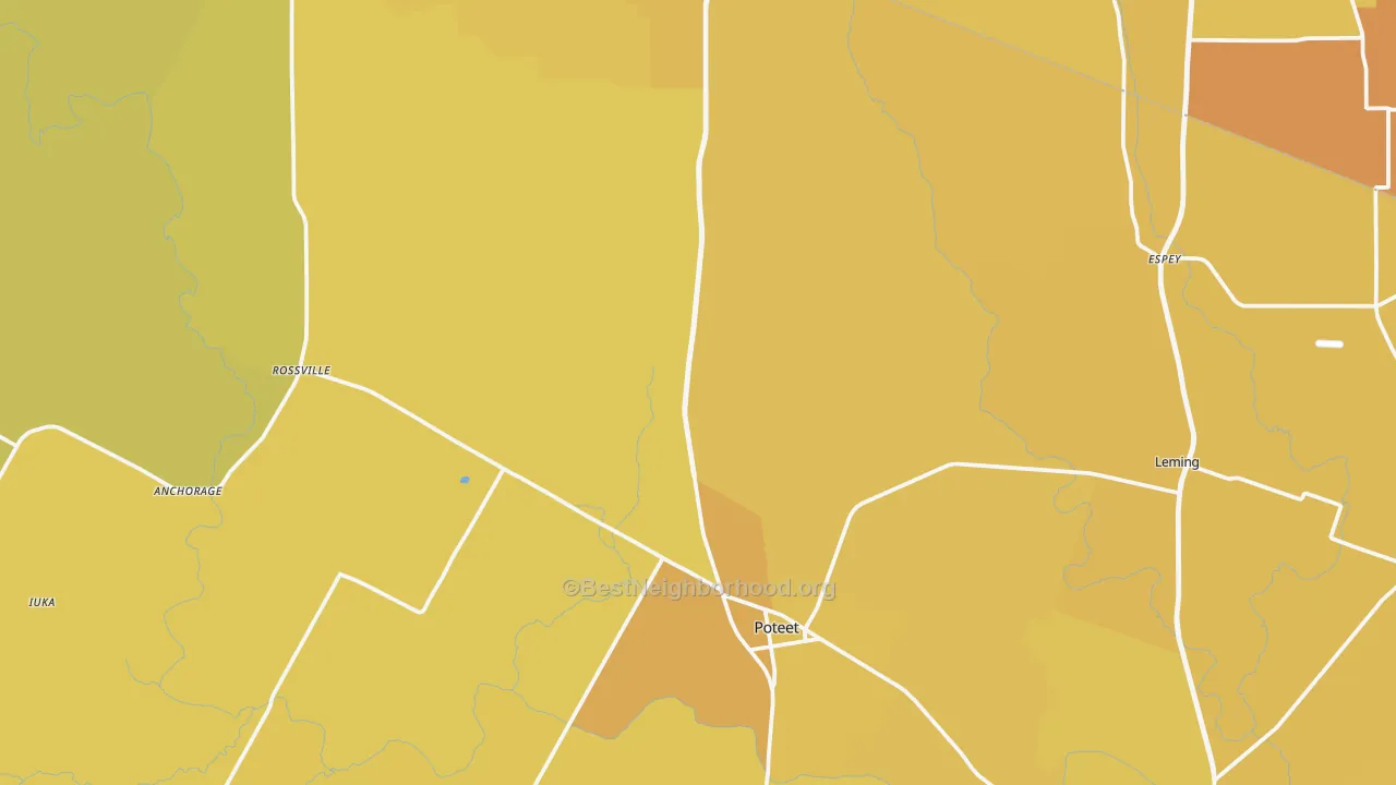 Map of the best neighborhoods in the Poteet area, with better matches in green and worse matches in red