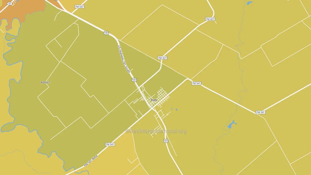 Map of the best neighborhoods in the Poth area, with better matches in green and worse matches in red