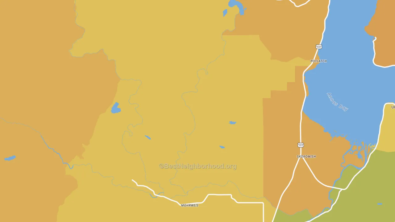 Map of the best neighborhoods in the Potlatch area, with better matches in green and worse matches in red