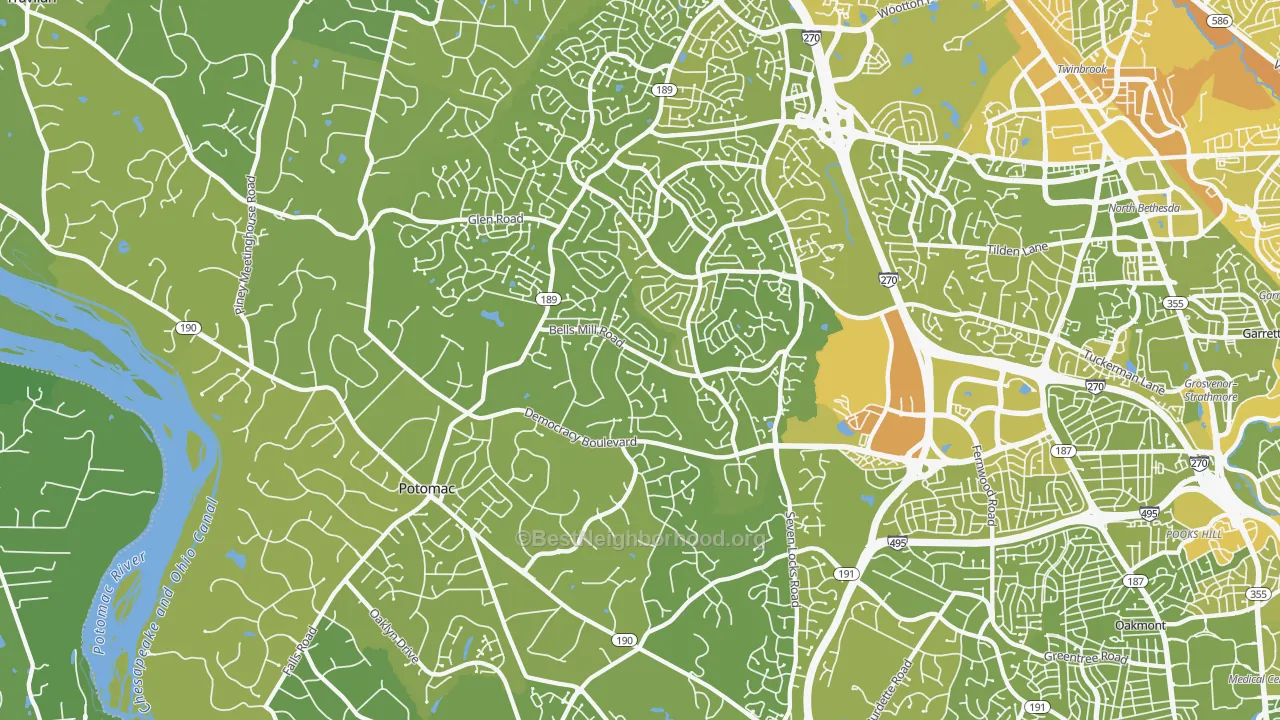 Map of the best neighborhoods in the Potomac area, with better matches in green and worse matches in red
