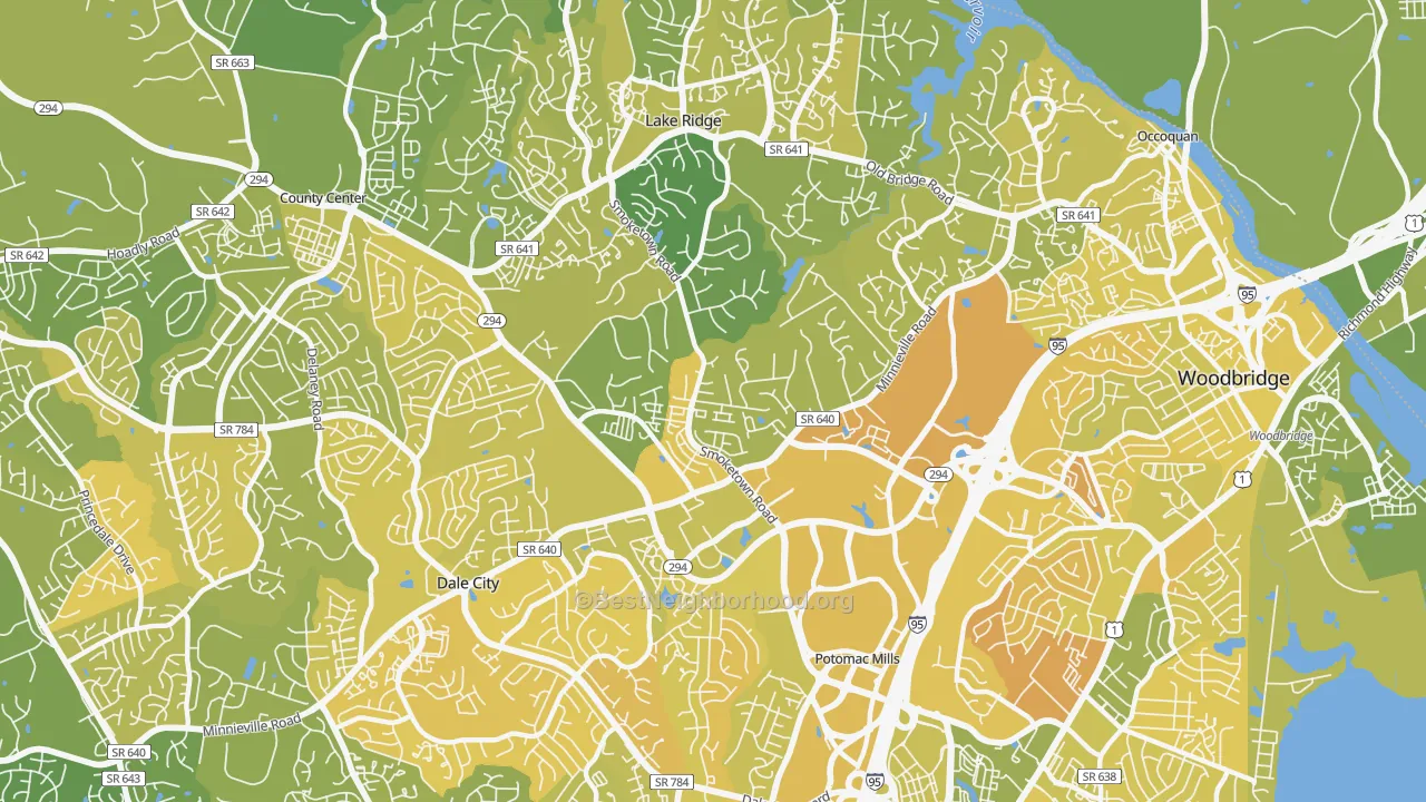 Map of the best neighborhoods in the Potomac Mills area, with better matches in green and worse matches in red
