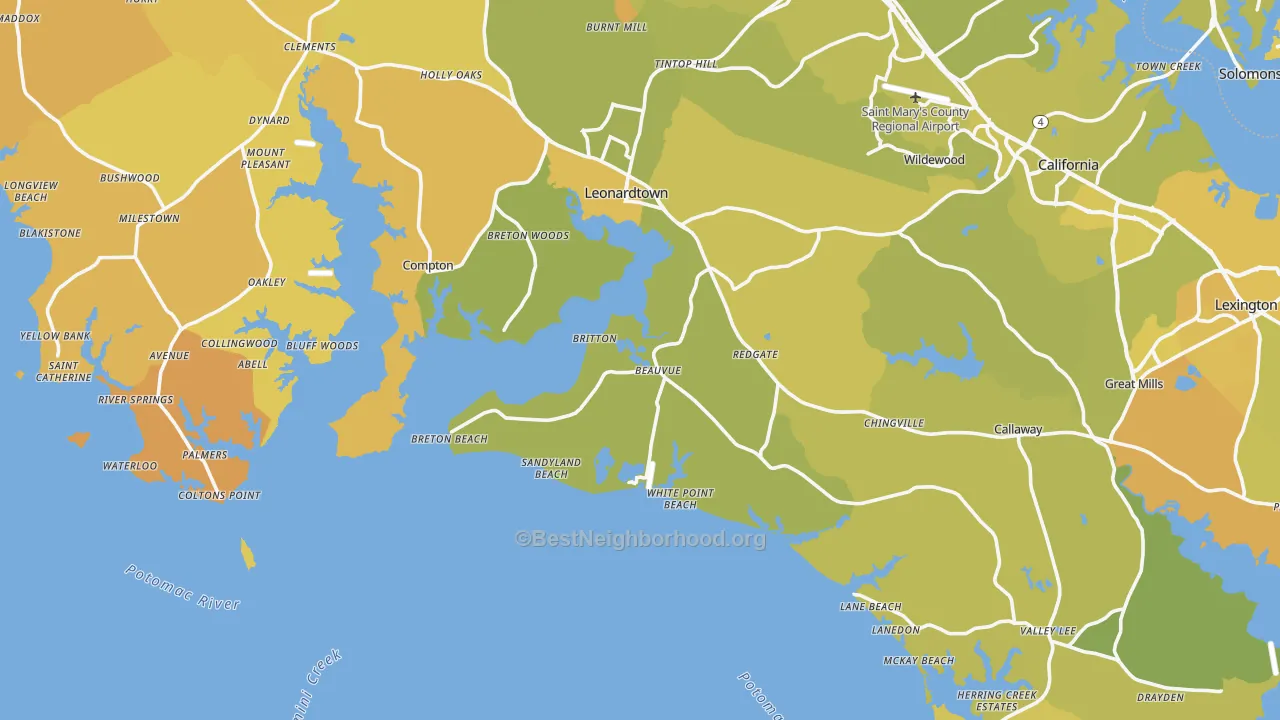 Map of the best neighborhoods in the Potomac Shores area, with better matches in green and worse matches in red