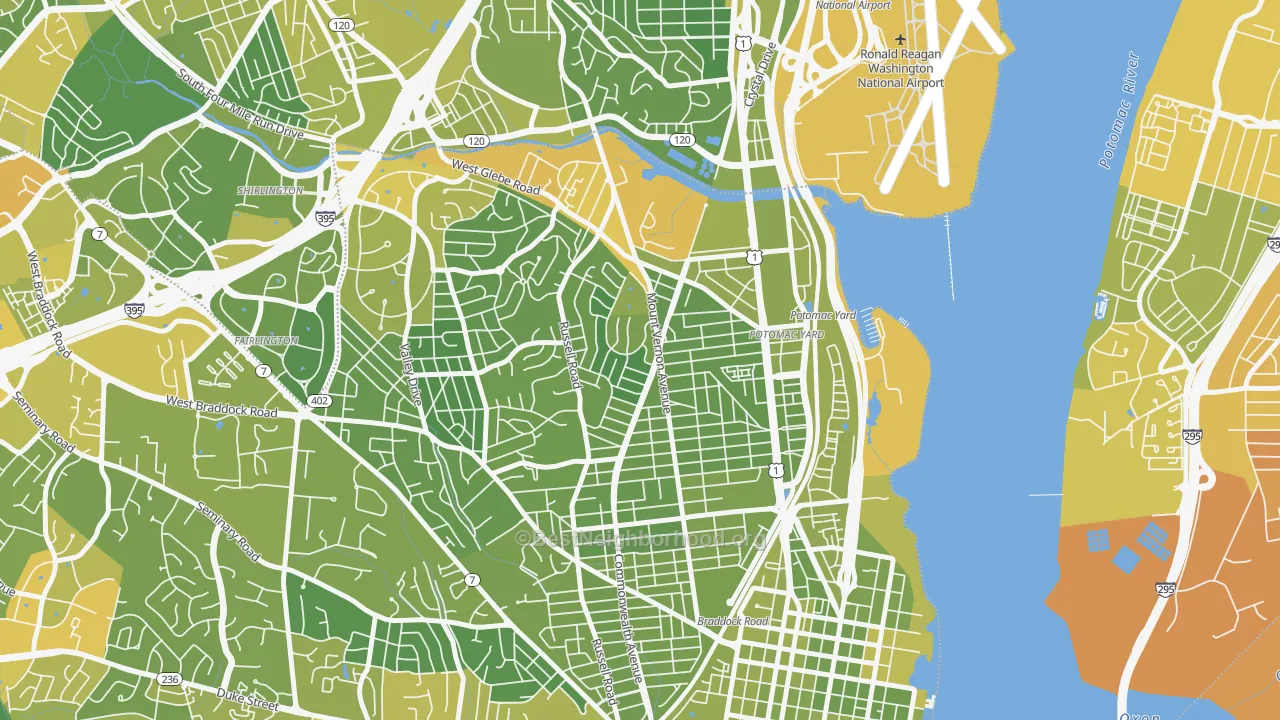 Map of the best neighborhoods in the Potomac West, Alexandria area, with better matches in green and worse matches in red