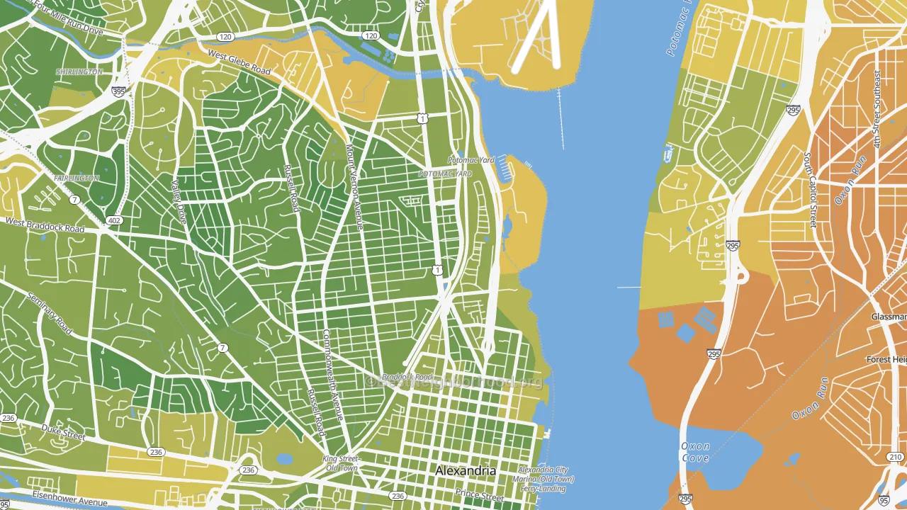 Map of the best neighborhoods in the Potomac Yard-Potomac Greens, Alexandria area, with better matches in green and worse matches in red