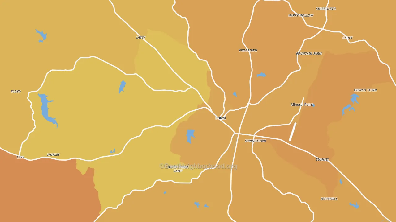 Map of the best neighborhoods in the Potosi area, with better matches in green and worse matches in red